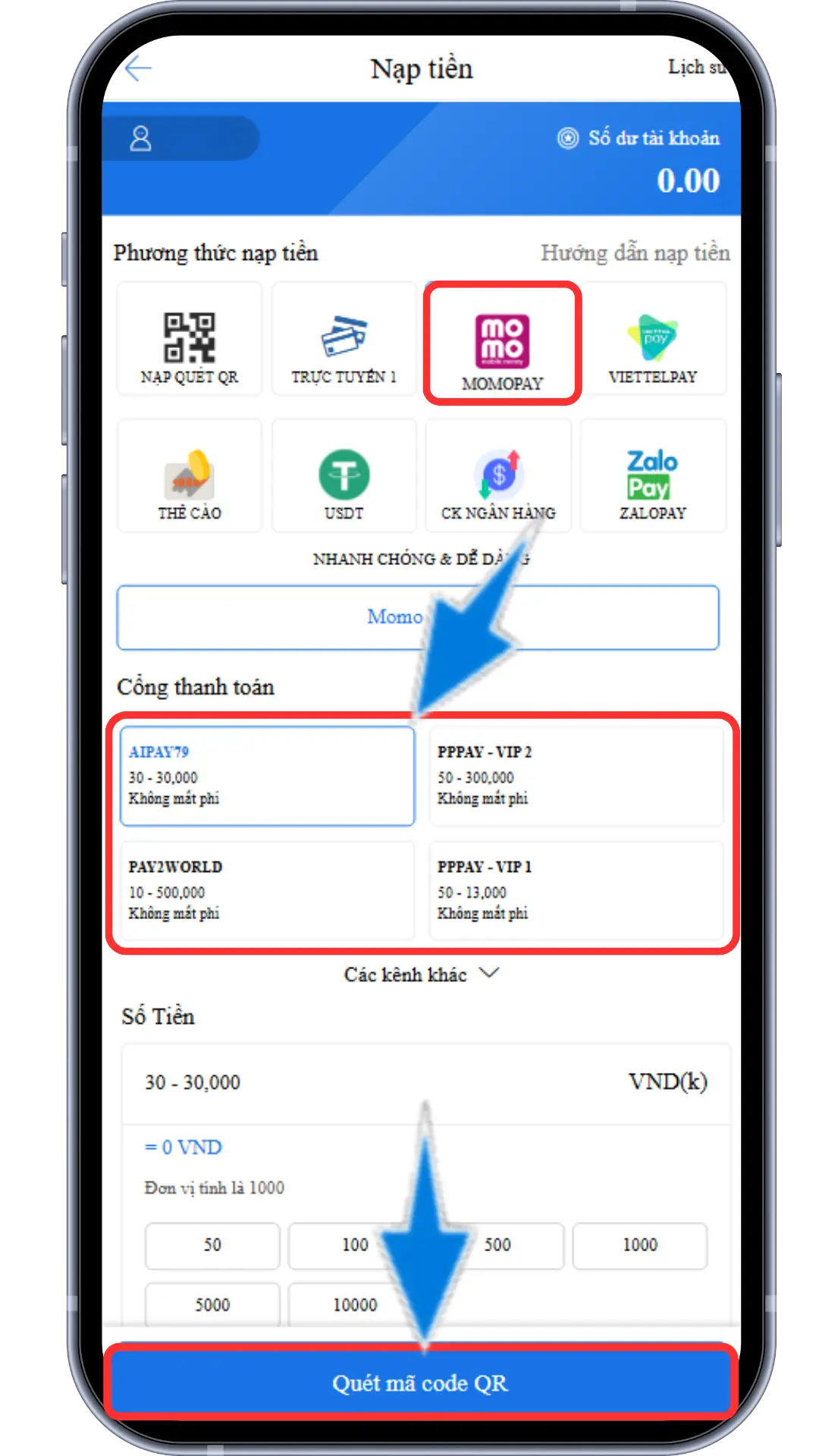 Bước 2 : Chọn mục MOMOPAY - Chọn 1 cổng nạp đang hiển thị - Điền số điểm muốn nạp (1 điểm = 1000VND ) => Ấn quét mã code QR